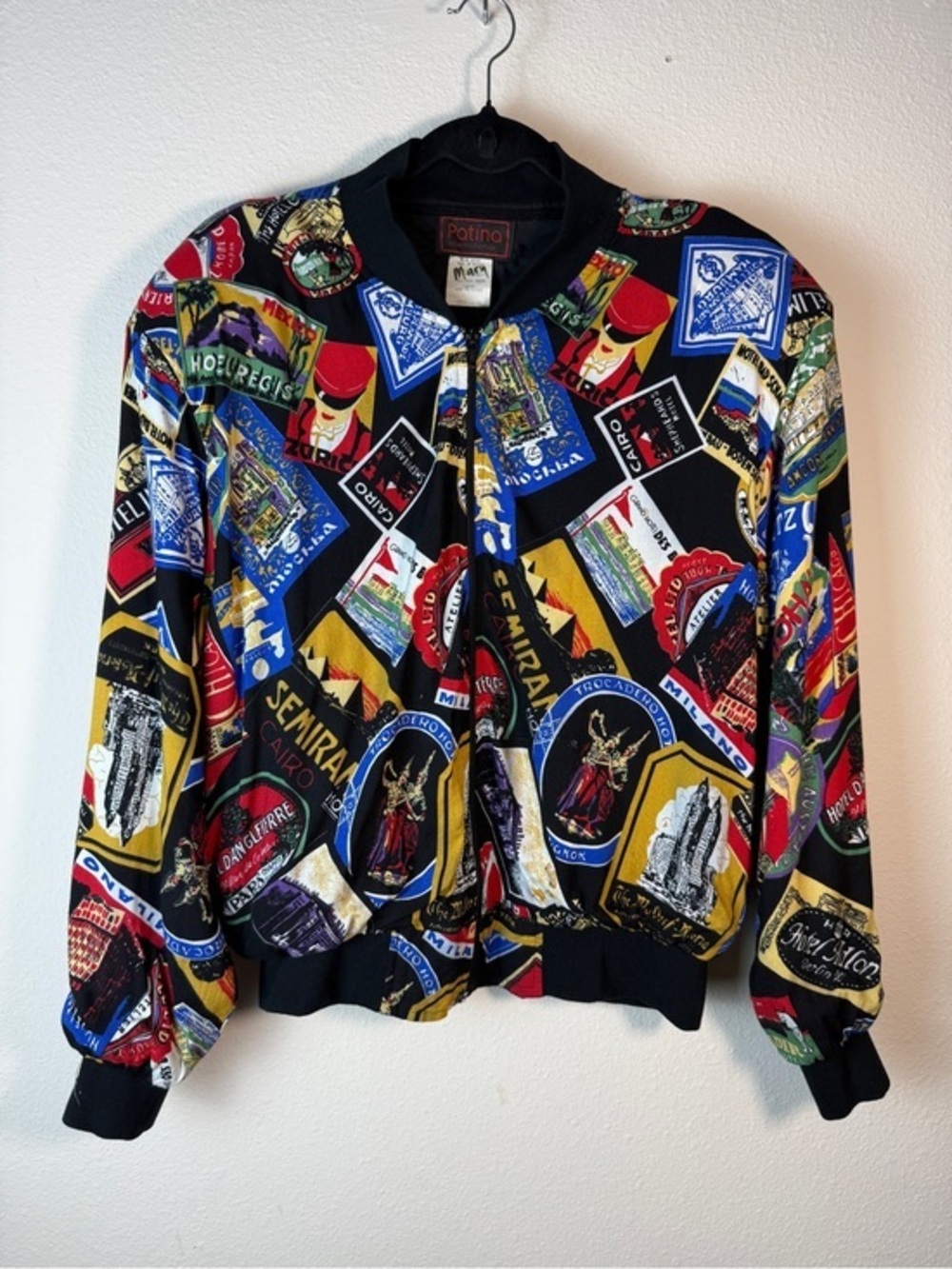 Vintage Patina International Novelty Passport Hotel Stamp Bomber Jacket Large